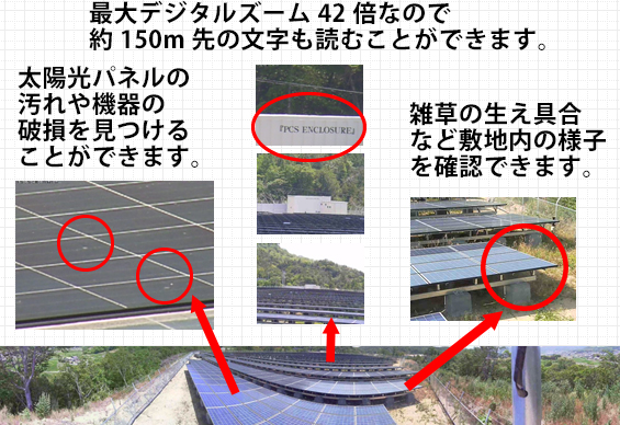 ●太陽光パネルの汚れや機器の破損を見つけることができます。●最大デジタルズーム42倍なので約150m先の文字も読むことができます。●雑草の生え具合など敷地内の様子を確認できます。